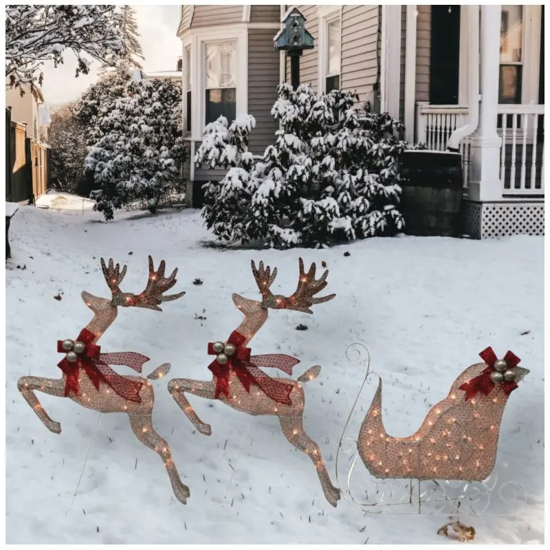 3-Piece Pre-Lit Reindeer & Sleigh Glitter Mesh Yard Art