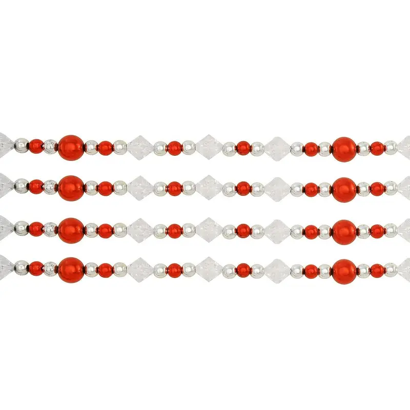 9' Red, White and Silver Iridescent Beaded Hand-Strung Bead Garland