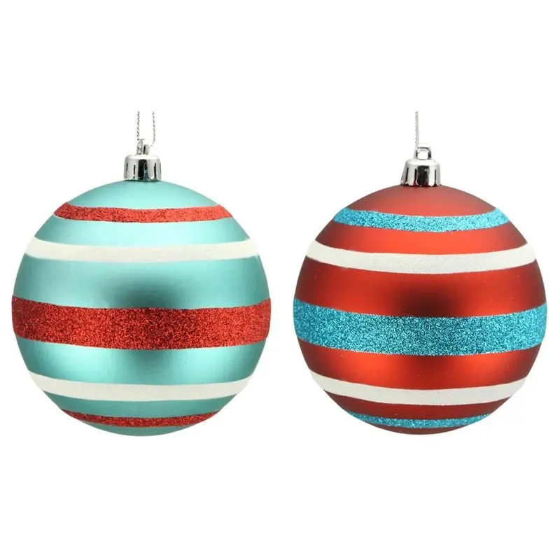 100MM Turquoise and Red Horizontal Stripe Ball Ornament