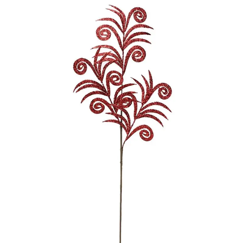 35" Red Glittered Swirl Palm Spray