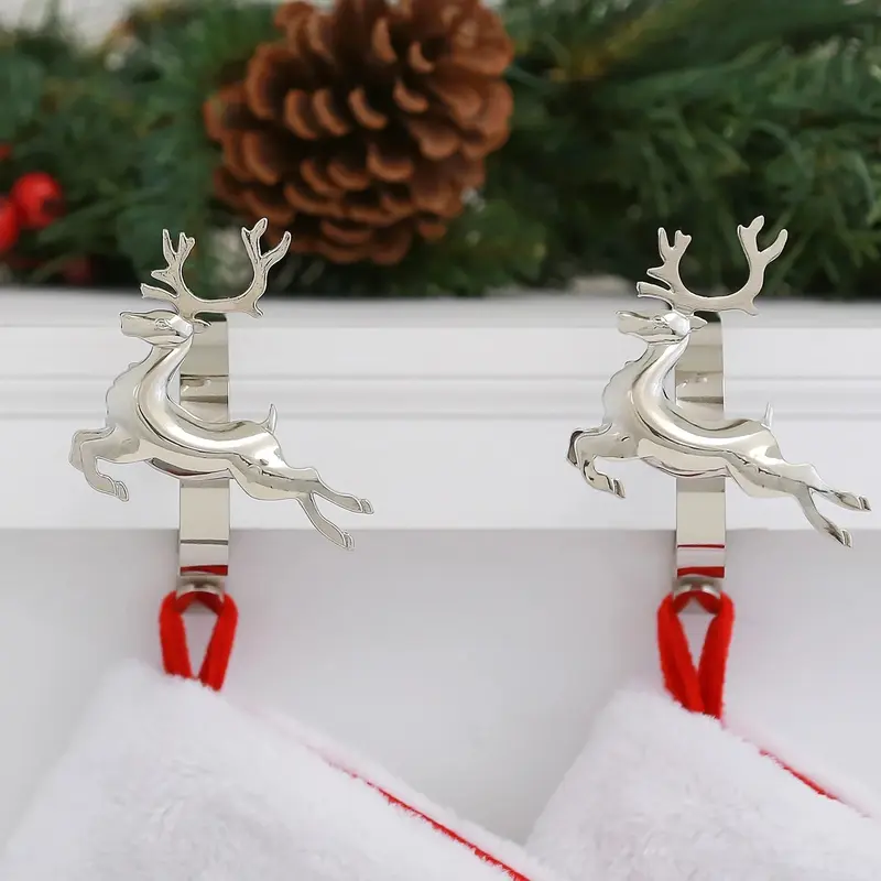 The Original MantleClip Stocking Holder with Removable Metal Holiday Icons, 2 Pack - Silver Reindeer