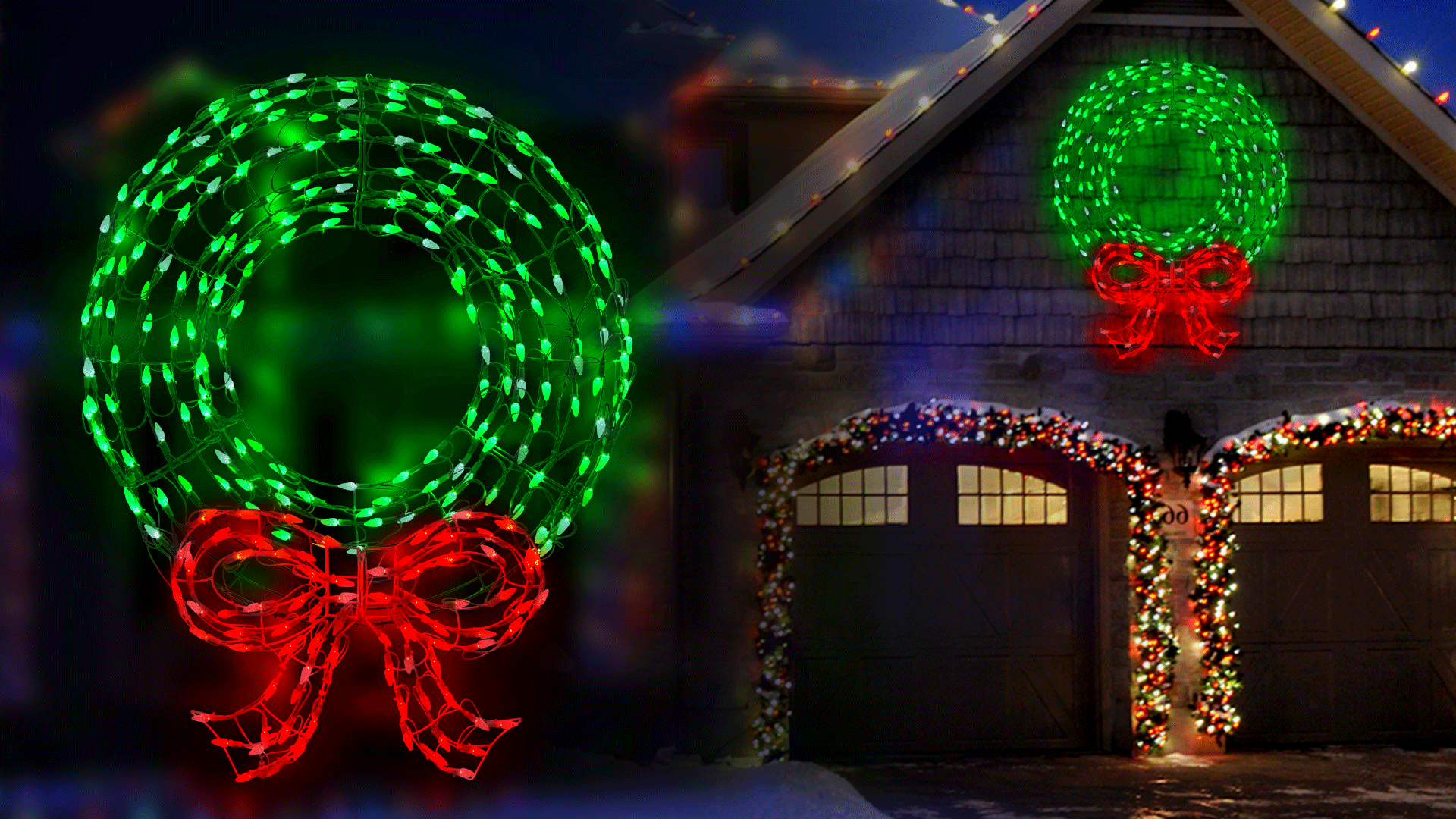Twinkling Green LED Wreath Sculpture with Red Bow