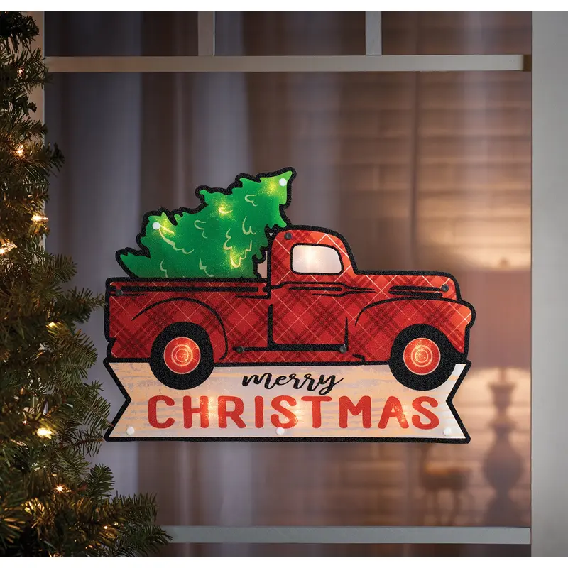 10 Light Shimmer Red Plaid Truck Christmas Silhouette