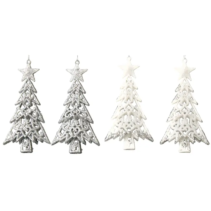 2-Pack of Shatterproof Glitter Tree Shaped Ornaments (Silver/White)