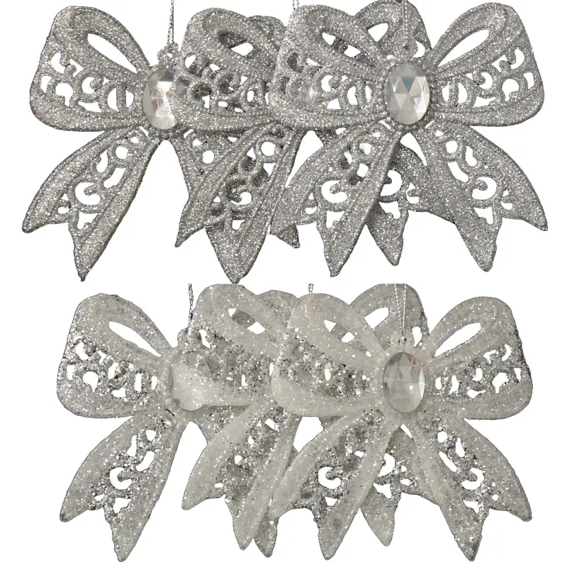 3-Pack of Silver & White Glitter Bow Ornaments