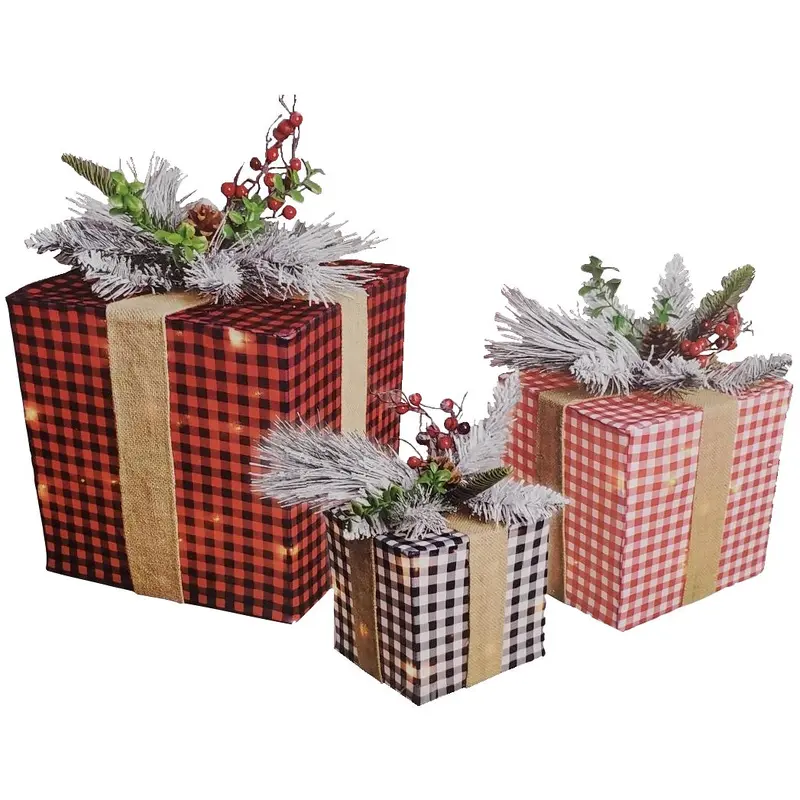 3-Piece Lighted Plaid Gift Box Decorations