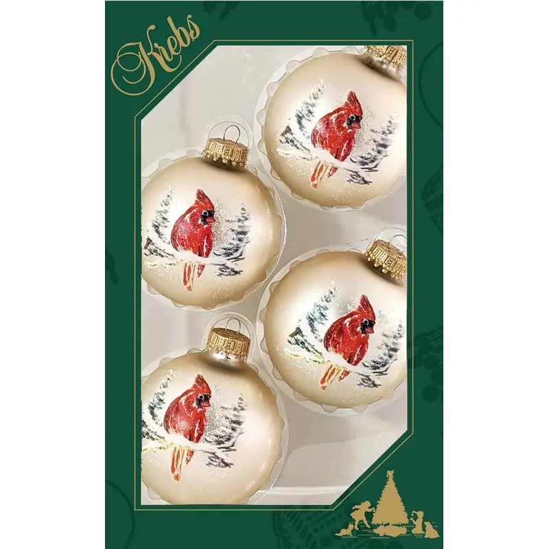 4-Pack of Oyster Velvet Glass Ball Ornaments with Vintage Watercolor Cardinals