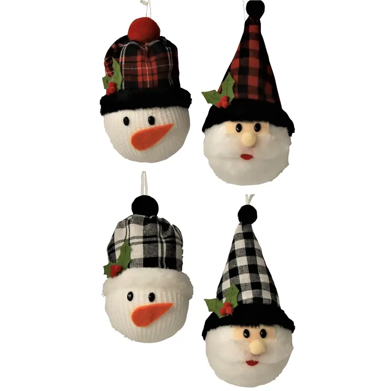 Plush Snowman and Santa Head Ornaments