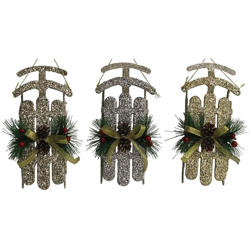 Rustic Glitter Sled Ornaments (Champagne/Gold/Silver)