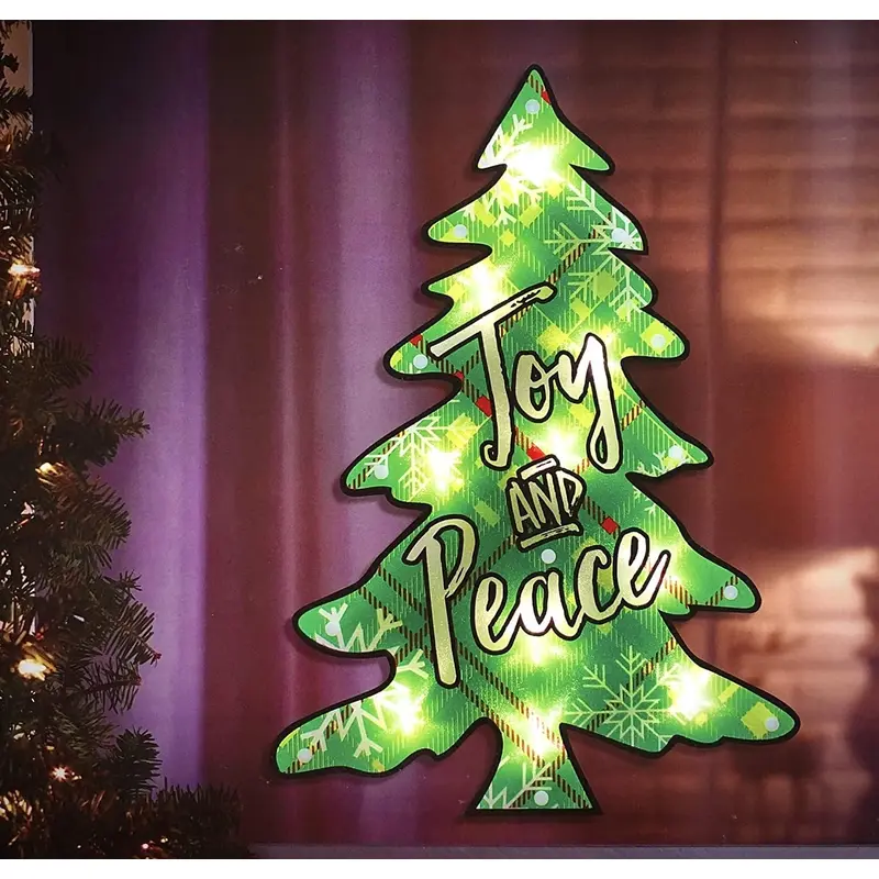 16" Joy & Peace Tree Christmas Shimmer Lighted Window Decoration Tree