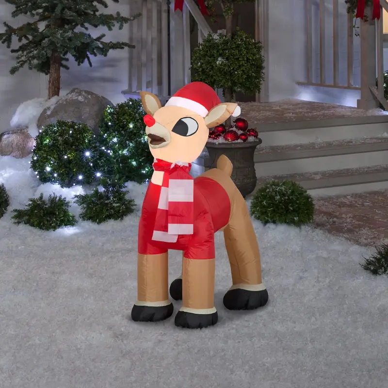 3.5' Gemmy Airblown Inflatable Rudolph the Red-Nosed Reindeer in Santa Hat and Scarf