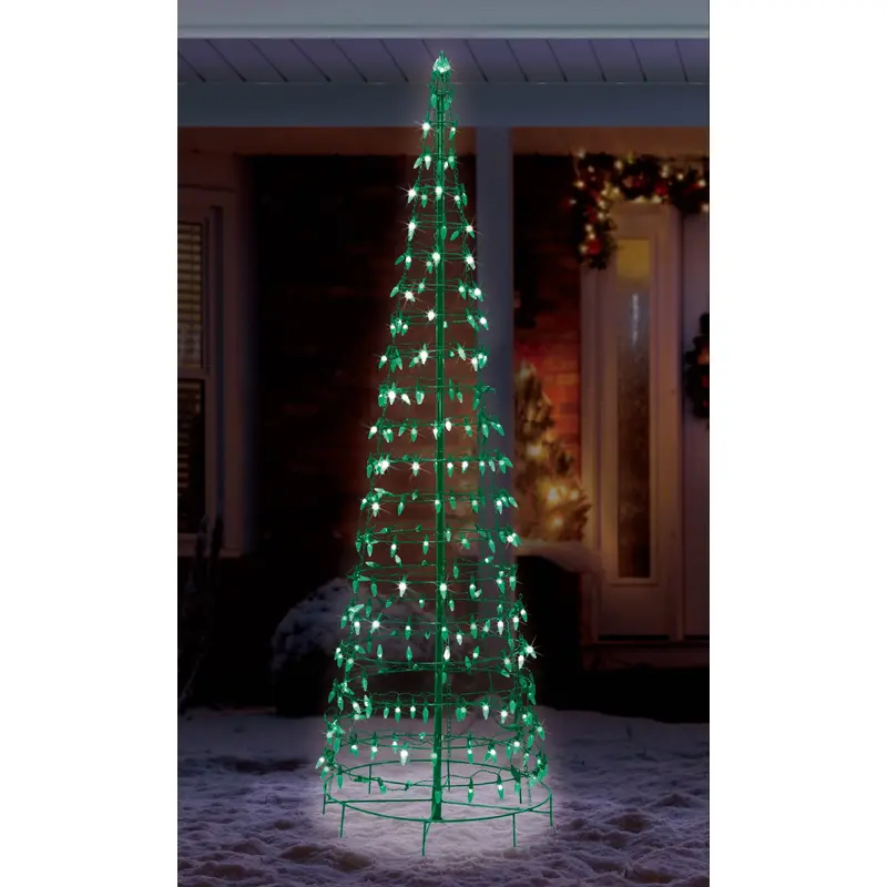 Wire Cone Tree Outdoor Decoration with Green Twinkling C5 LED Lights