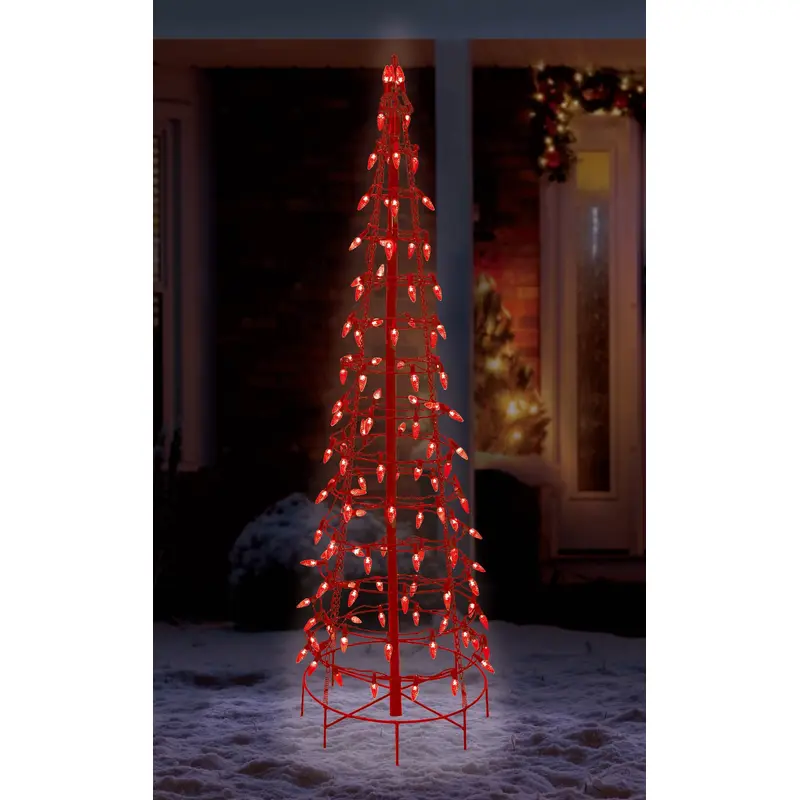 Wire Cone Tree Outdoor Decoration with Red Twinkling LED Lights
