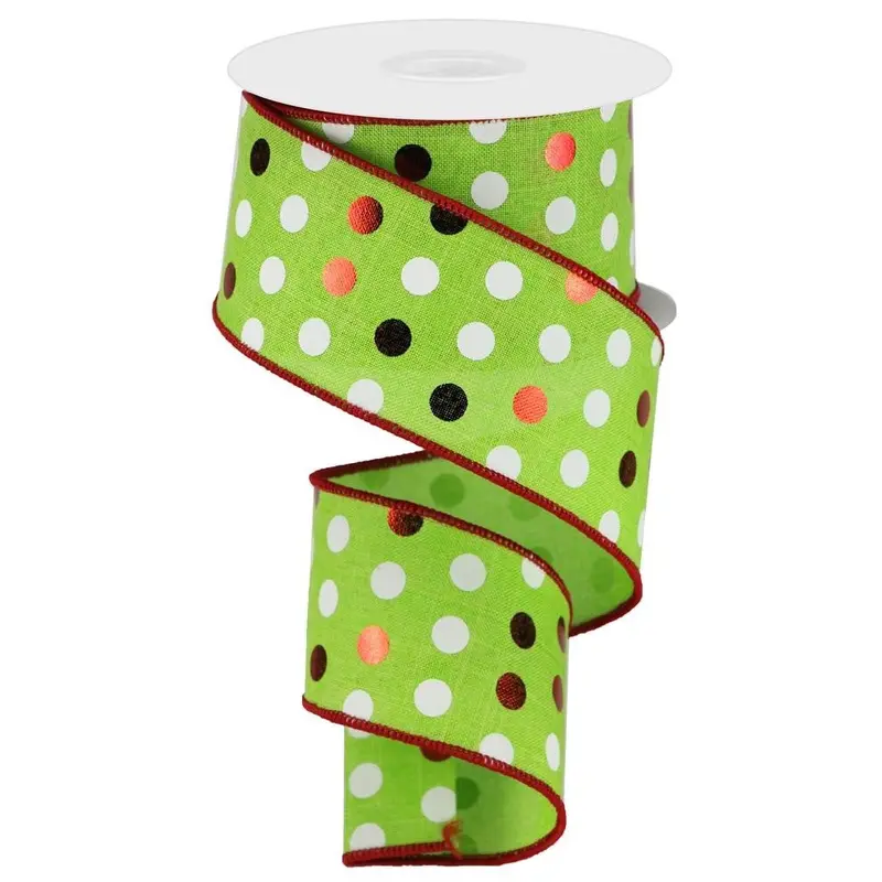 10 Yards of Lime Green Royal Burlap Ribbon with Metallic Polka Dots