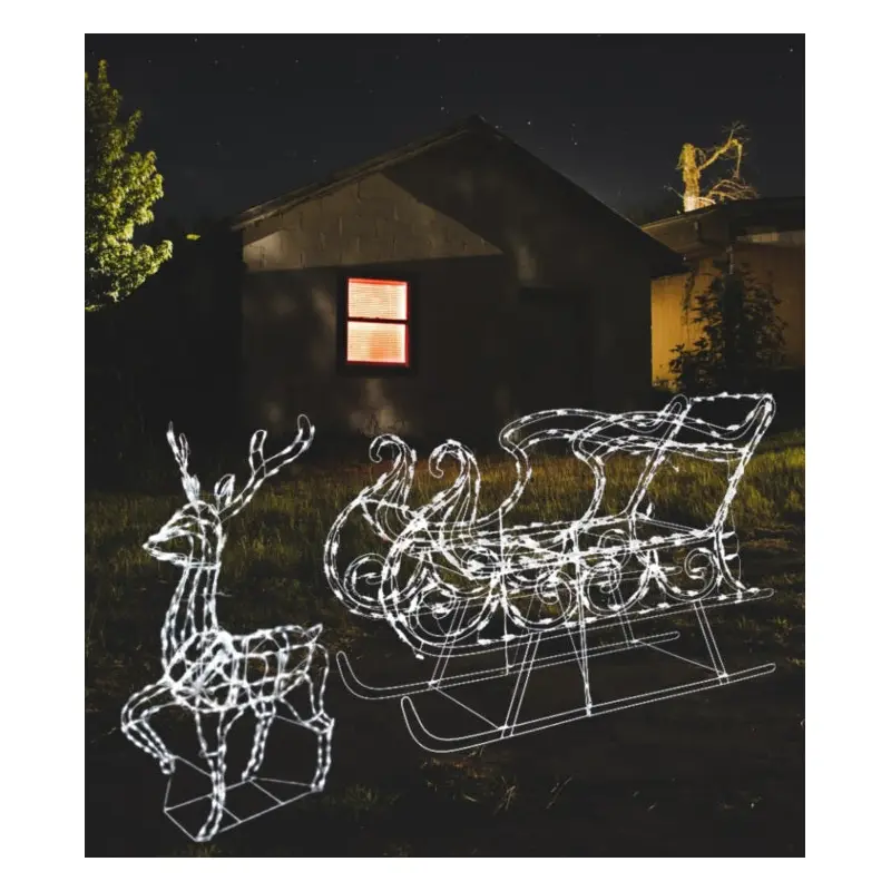 2-Piece Pure White Twinkling LED Sleigh and Elegant Buck Wire Sculpture Set