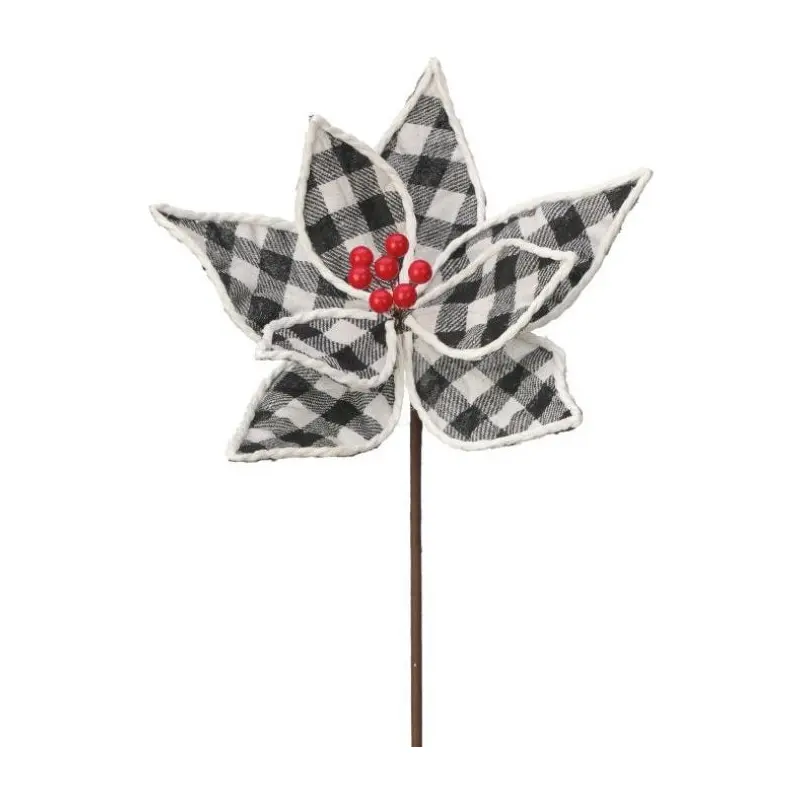 24" Country Buffalo Check Poinsettia Pick Spray with Red Berries