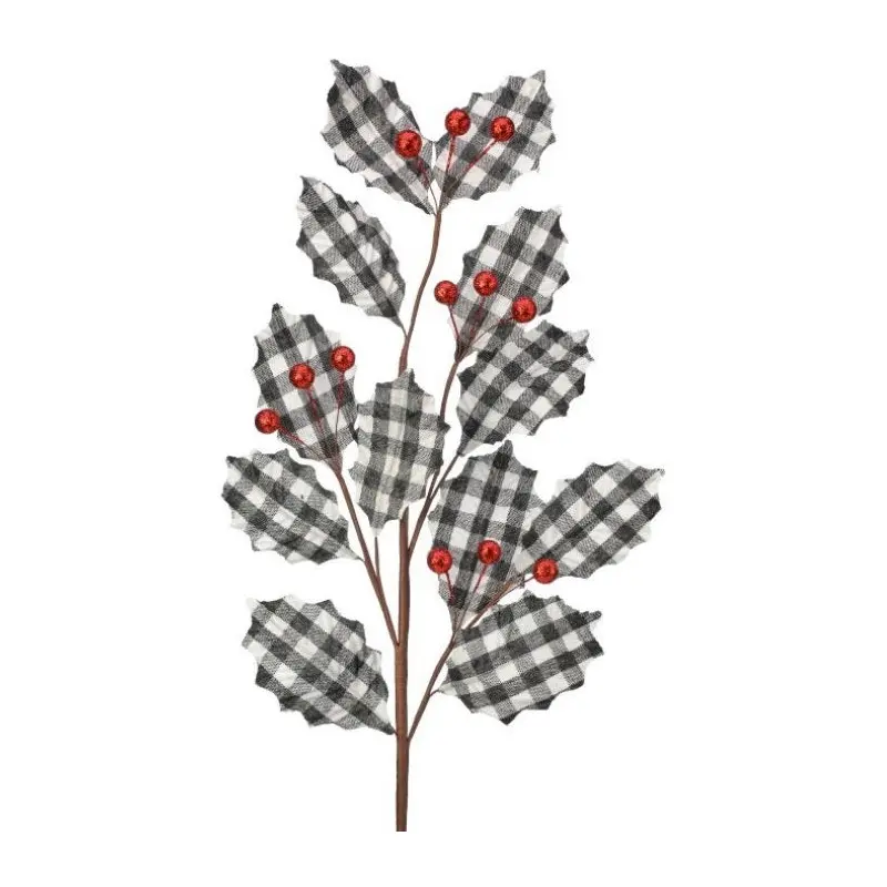 27" Country Buffalo Check Holly Pick Spray with Red Berries