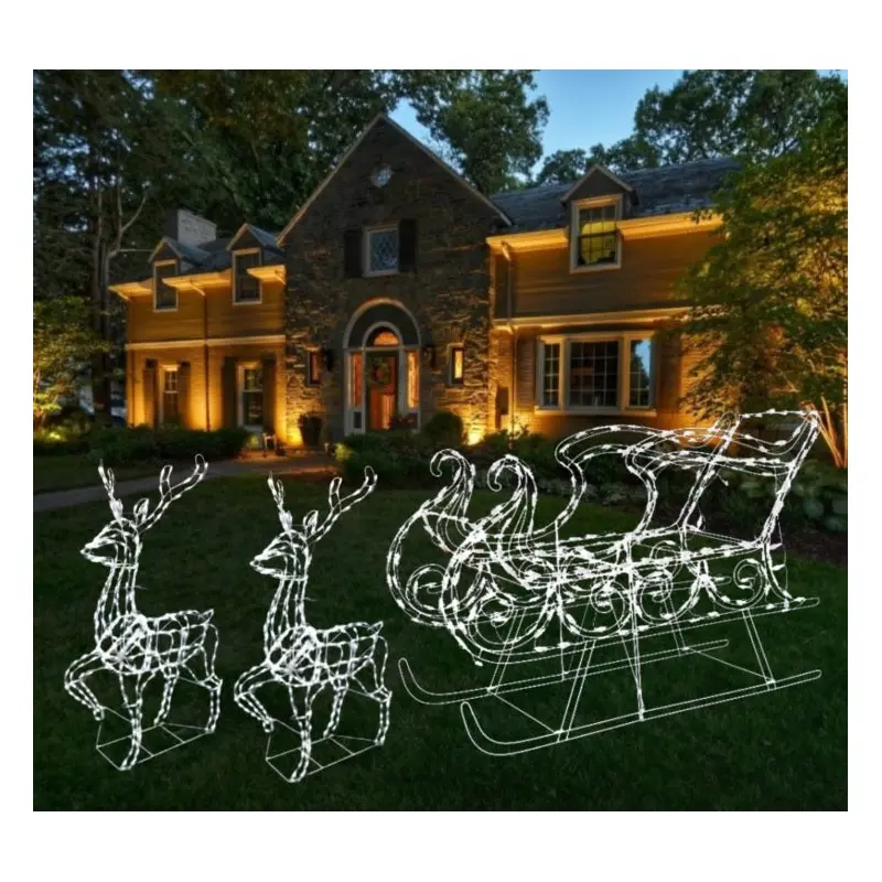 3-Piece Pure White Twinkling LED Elegant Bucks and Sleigh Wire Sculptures