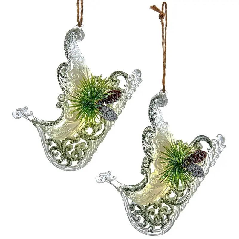 4.3" Clear, Ivory and Sage Sled with Pine Cone Ornament