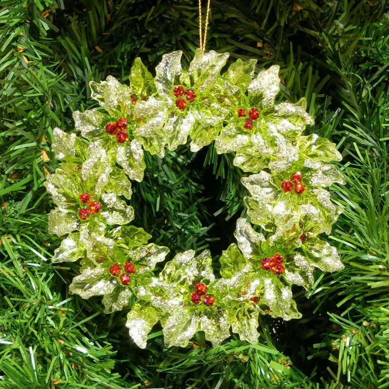 5" Vintage Green Glitter Holly Wreath Ornament