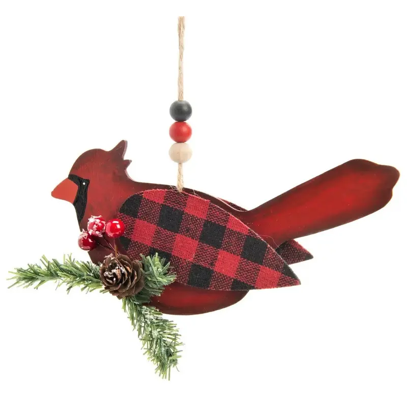 6" Black and Red Buffalo Check Cardinal Ornament