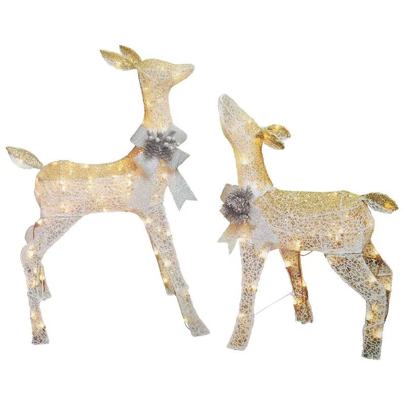 Set of 2 Lighted White Reindeer Sculptures (Doe & Fawn)