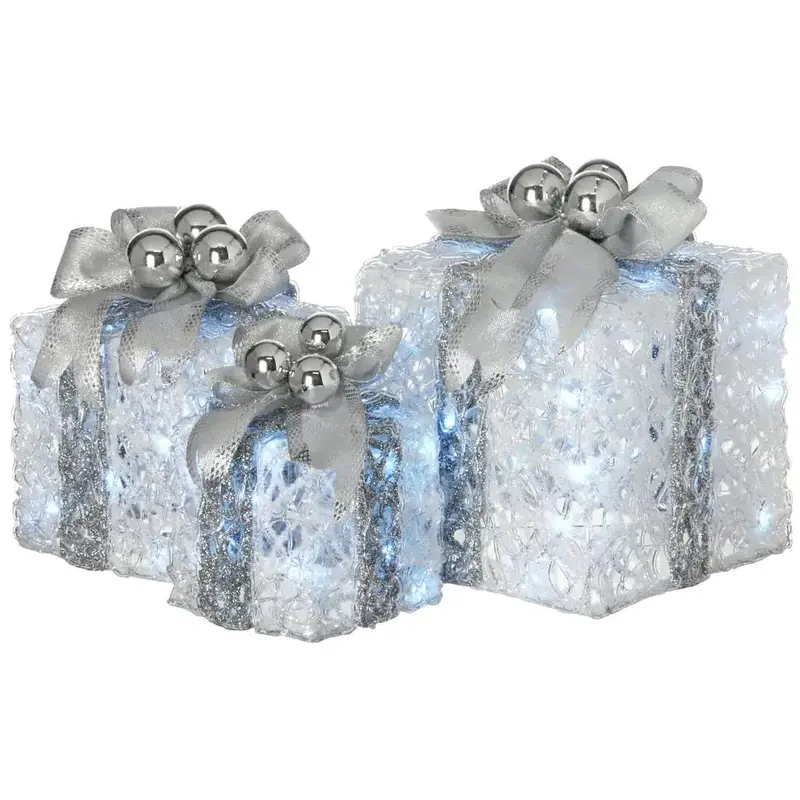 Set of 3 Glittered White Gift Boxes with 70 Cool White Twinkle LED Lights