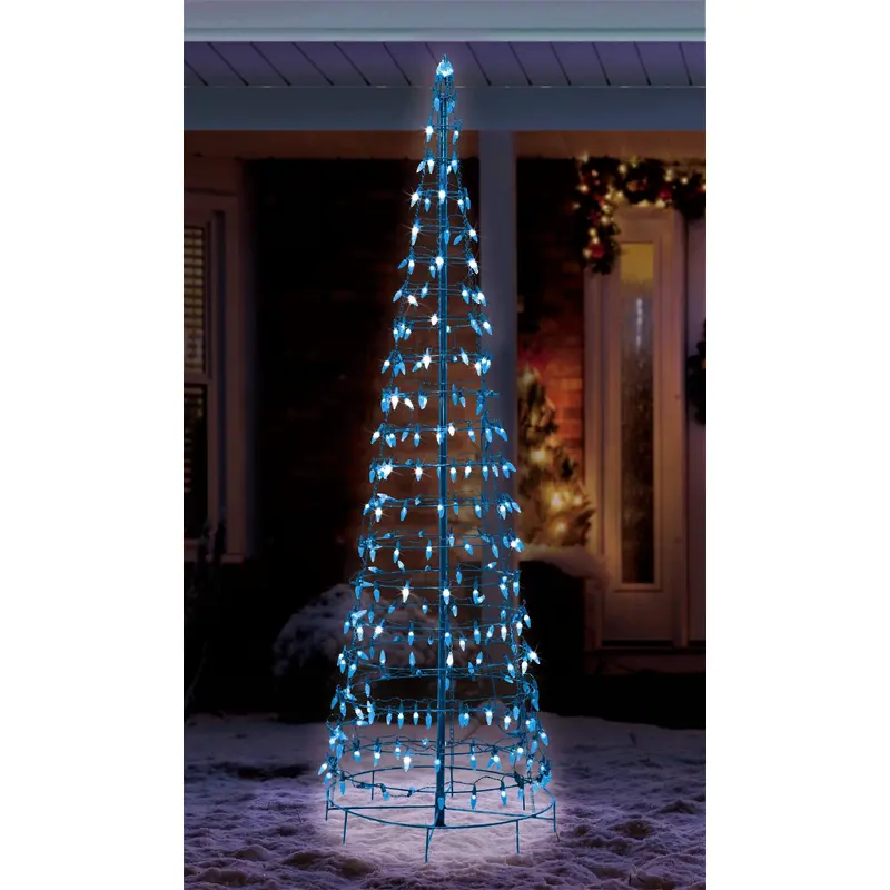Wire Cone Tree Outdoor Decoration with Blue Twinkling LED Lights