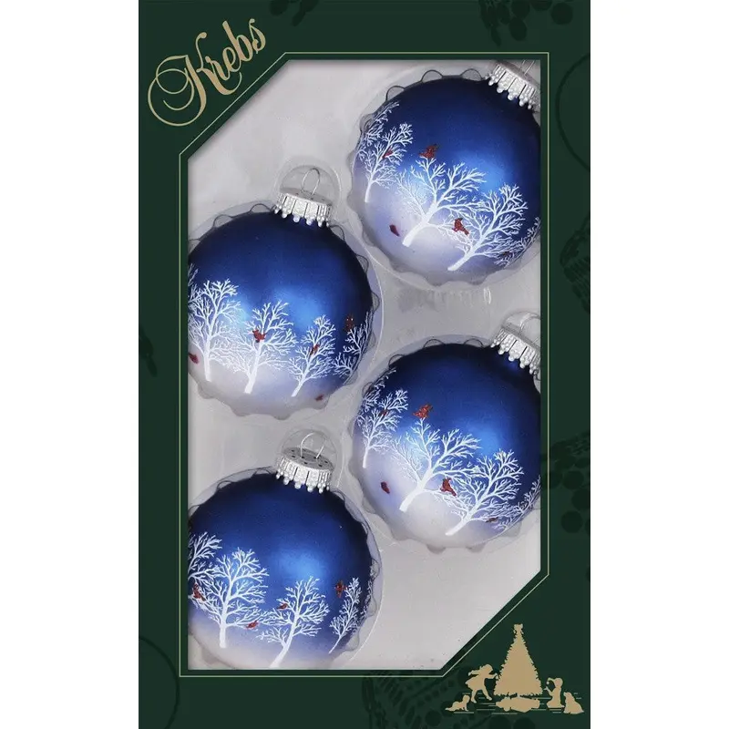 Set of 4 Blue & Pearl Glass Ornaments with Snowy Trees & Cardinals