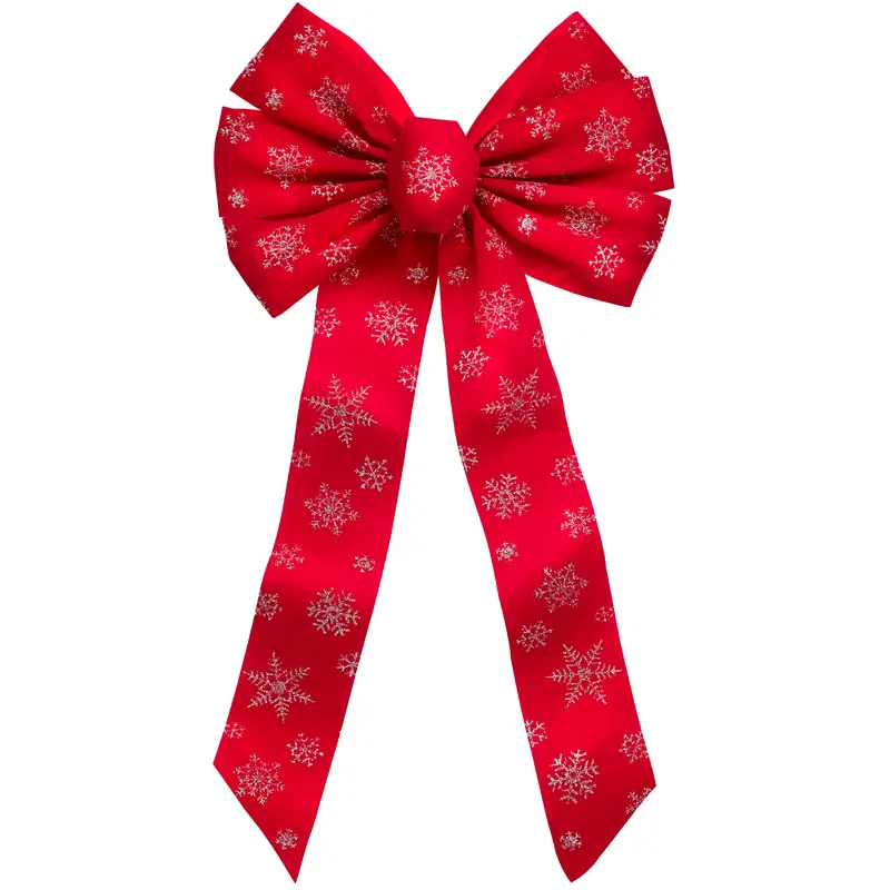 12" x 26" Glittering Red Velvet Silver Snowflake Christmas Bow