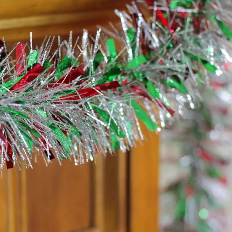 15' Fancy Laser Red, Green & Silver Metallic Tinsel Garland