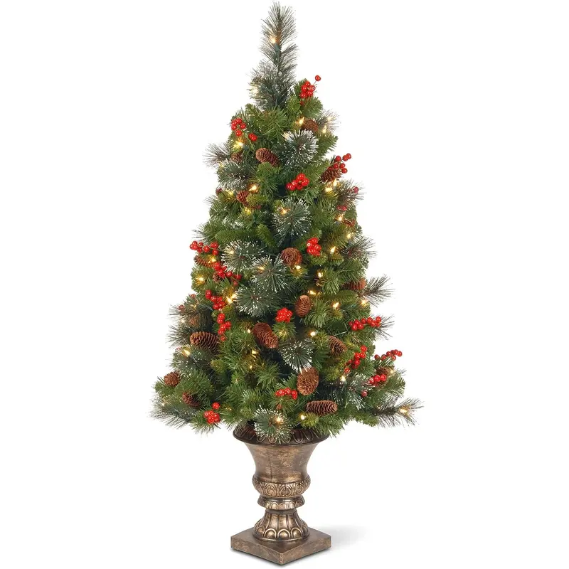 4' Classic Spruce Entrance Tree with Cones, Glitter, Red Berries, Silver Bristle and 100 Clear Lights in Decorative Urn