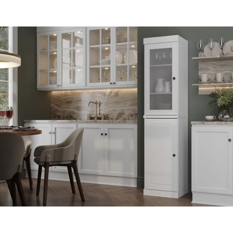 100% Solid Wood 16.5" Pantry Cabinet, 1 Frosted Glass, 1 Raised Panel Wood Door