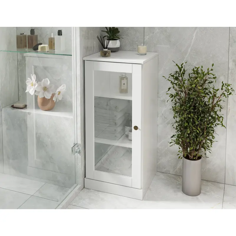 100% Solid Wood 16.5" Small Bathroom Cabinet with Clear Glass Door, Adjustable Shelves