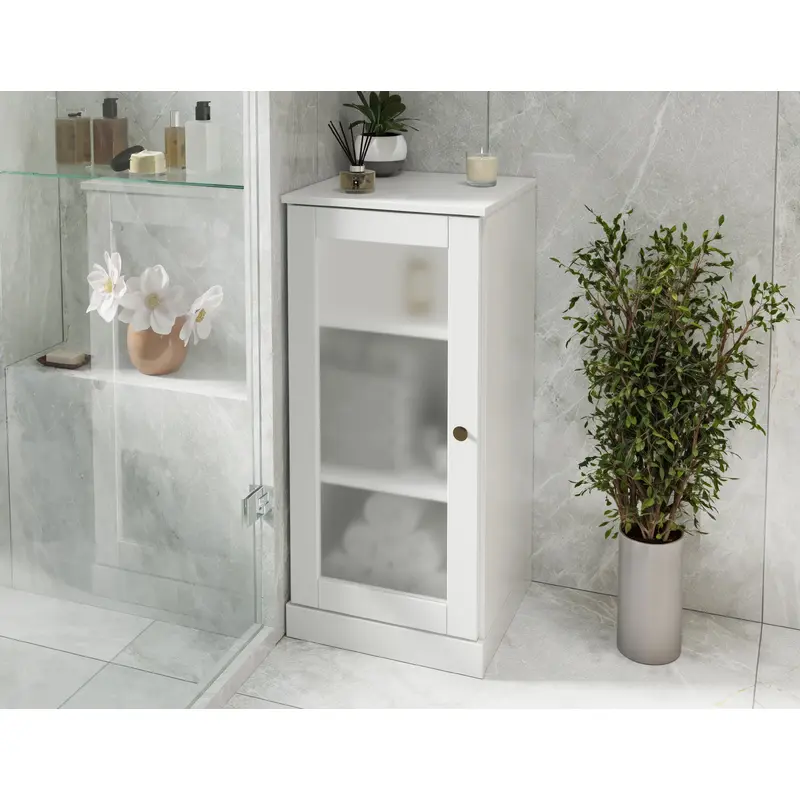 100% Solid Wood 16.5" Small Bathroom Cabinet with Frosted Glass Door, Adjustable Shelves