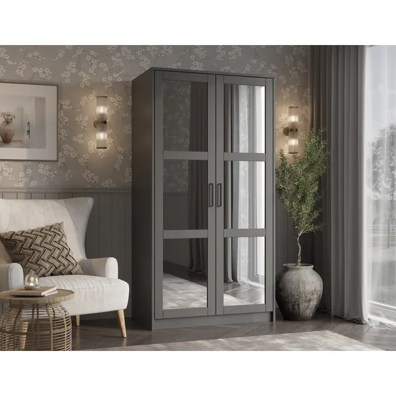 100% Solid Wood 2-Door Urban Wardrobe Armoire with Mirrored Doors
