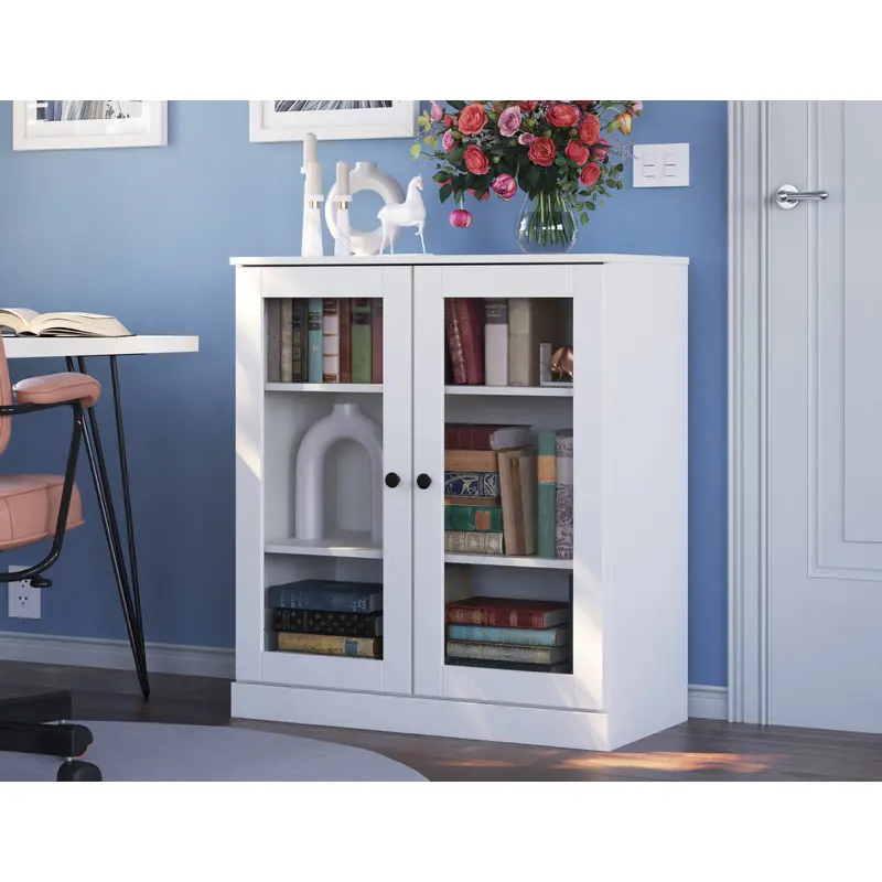 100% Solid Wood 3-Shelf 32"Bookcase, 2 Clear Glass Doors, Adjustable Shelves