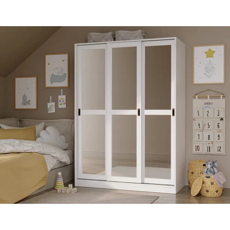 100% Solid Wood 3-Sliding Door Wardrobe Armoire with Mirrored Doors