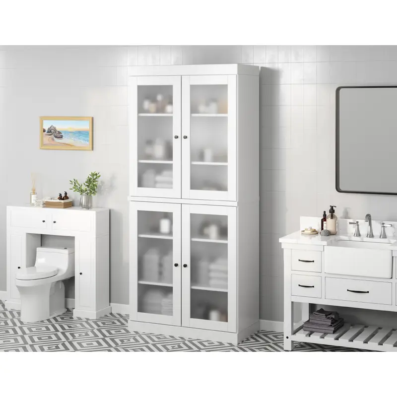 100% Solid Wood 32" Bathroom Cabinet, Frosted Glass Doors