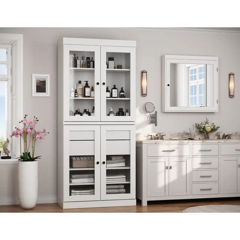 100% Solid Wood 32" Bathroom Cabinet, Glass Doors, 2-Drawers