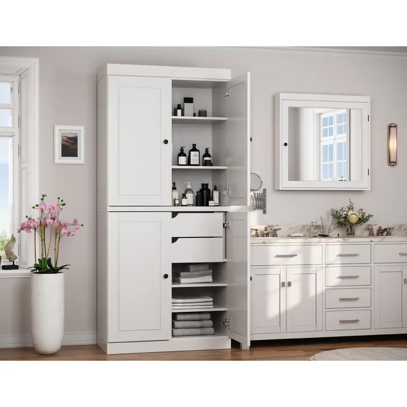 100% Solid Wood 32" Bathroom Cabinet, Raised Panel Wood Doors, 2-Drawers