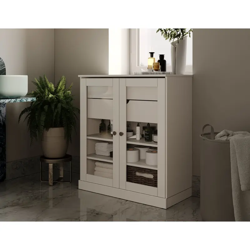 100% Solid Wood 32" Bathroom Cabinet with Clear Glass Doors, 2-Drawers