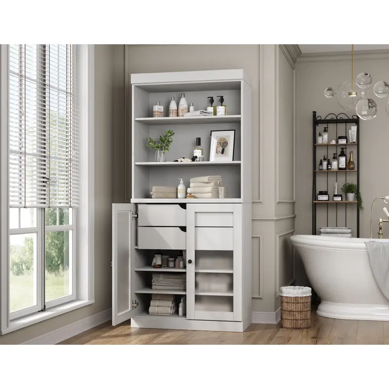 100% Solid Wood 32" Bathroom Cabinet with Frosted Glass Doors, 2-drawer Set