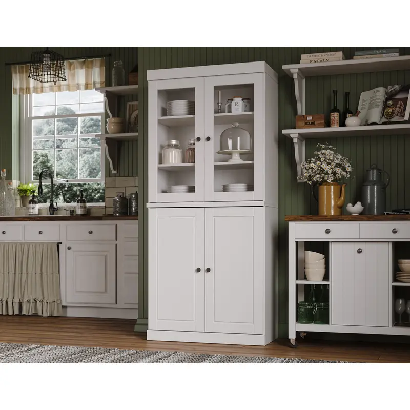 100% Solid Wood 32" Modular Pantry Cabinet, 2 Clear Glass, 2 Raised Panel Wood Doors