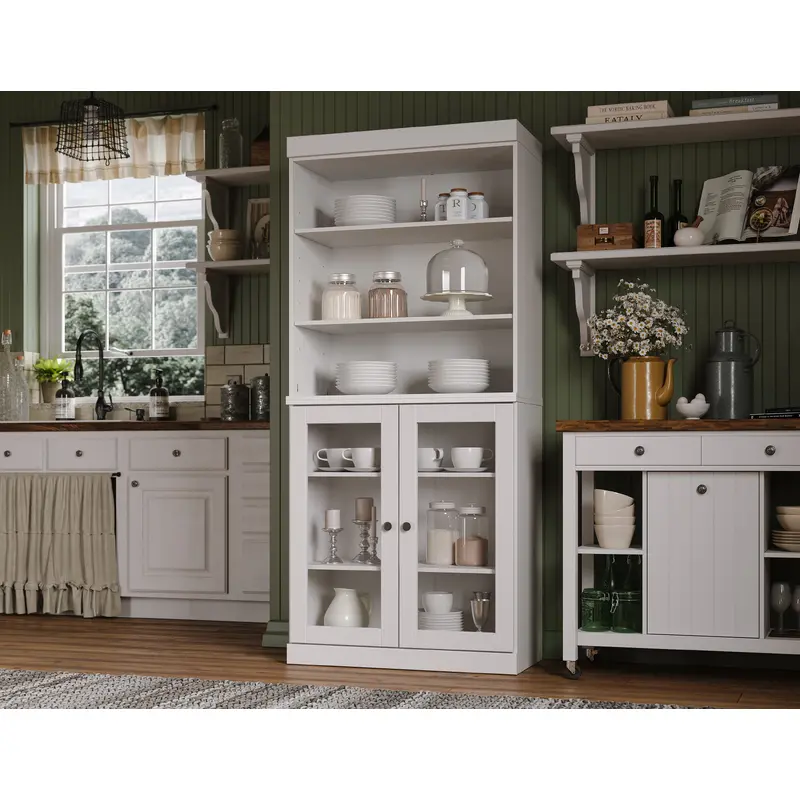 100% Solid Wood 32" Modular Pantry Cabinet, 2 Glass Doors