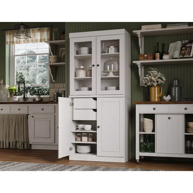 100% Solid Wood 32" Modular Pantry Cabinet, Glass Doors, 2-Drawers