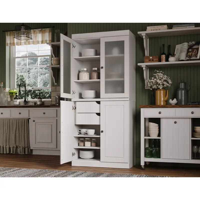 100% Solid Wood 32" Pantry Cabinet, 2 Frosted Glass, 2 Wood Doors, 2-drawer Set