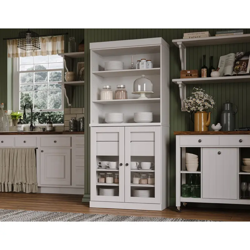 100% Solid Wood 32" Pantry Cabinet, 2 Glass Doors, 2-Drawers, Adjustable Shelves