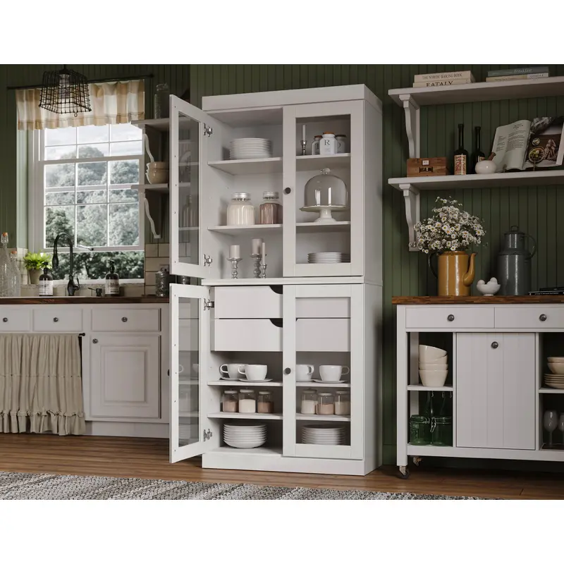 100% Solid Wood 32" Pantry Cabinet, 4 Clear Glass Doors, 2-Drawers Set