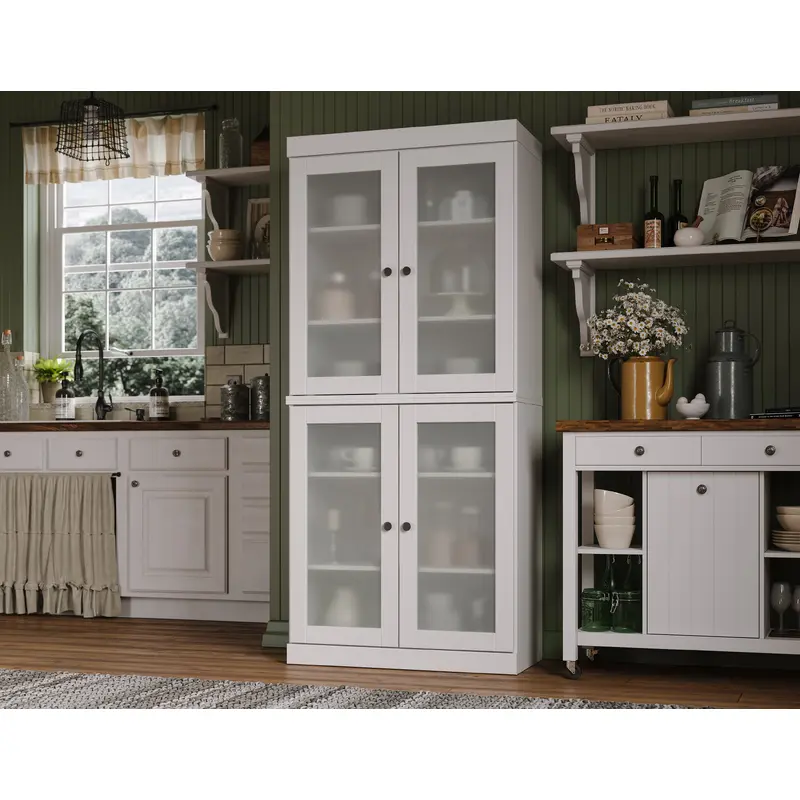 100% Solid Wood 32" Pantry Cabinet, Frosted Glass Doors